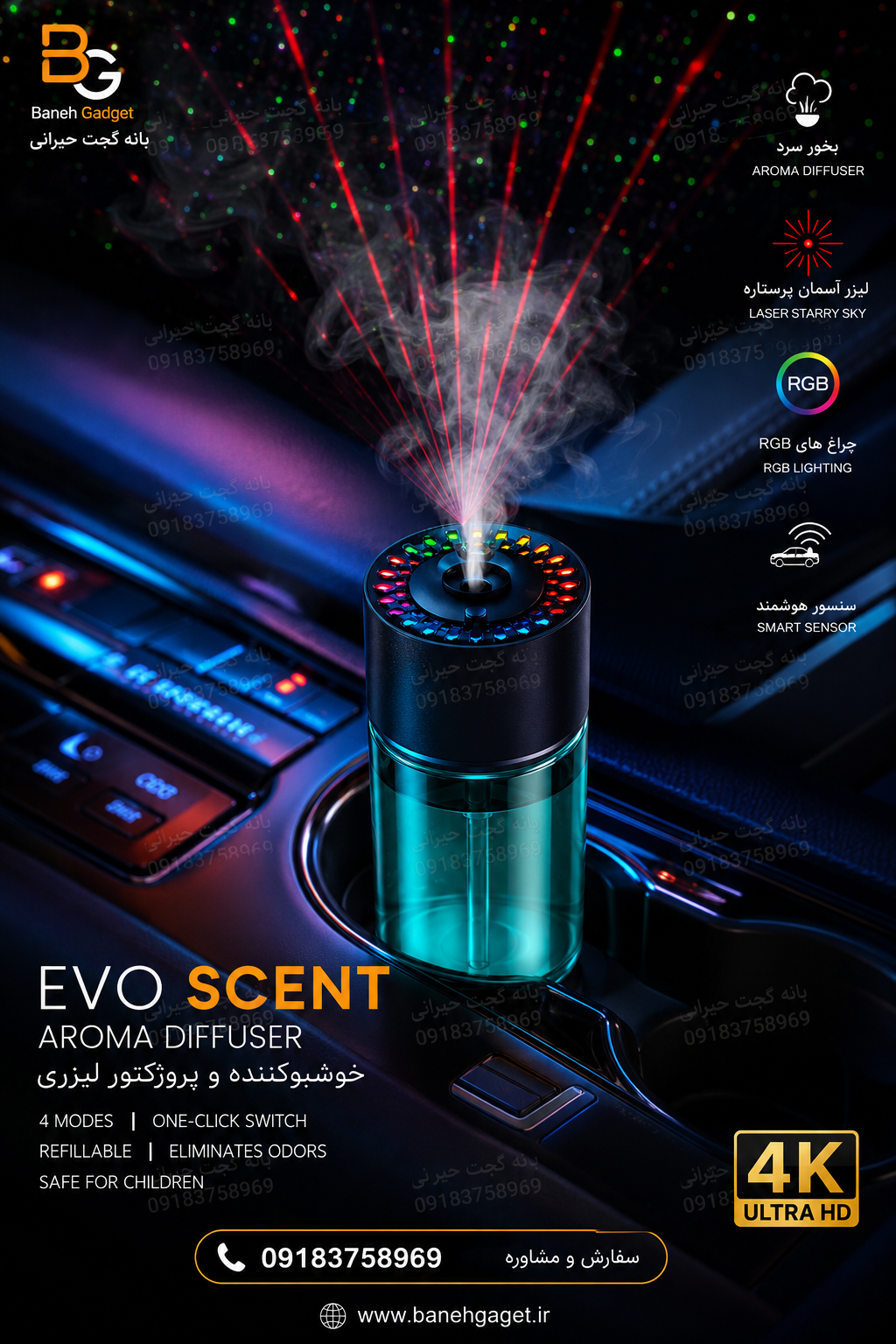 خوشبو کننده هوشمندخودرو همراه با لیزر و چراغ هفت رنگ مکسول مدل Evo Scent