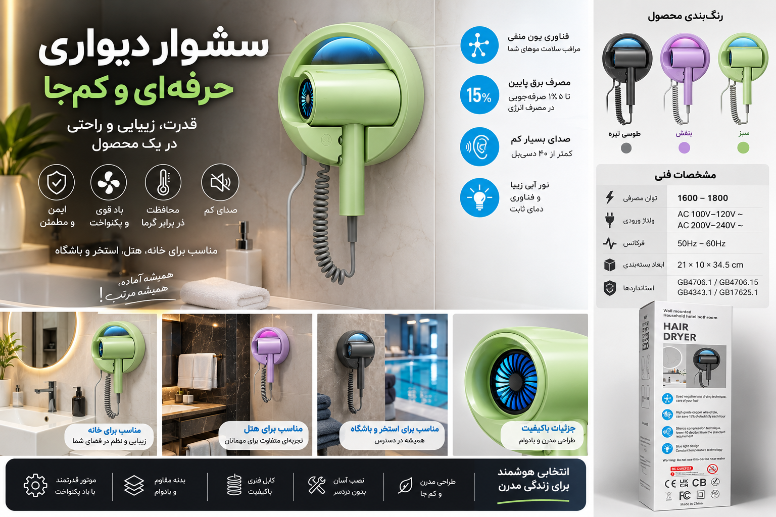 سشوار دیواری حرفه‌ای | انتخابی ایده‌آل برای خانه، هتل و استخر