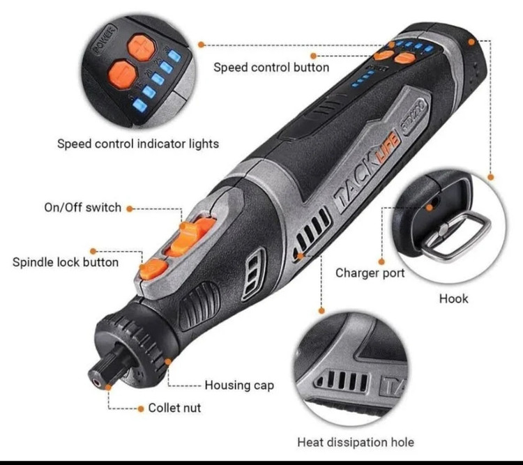 فرز مینیاتوری شارژی TACKLIFE مدل RTD02DC با ولتاژ 8V و سرعت 5000 تا 30000 دور در دقیقه؛ مناسب حکاکی، سنبادهکاری، پولیش، برش و کارهای ظریف